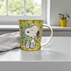 Gibson Snoopy Large Coffee Tea Mug Happy Mosiac Tile Green Yellow Blue Colorful